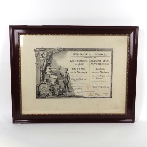 Certificat de fin d'étude de l'École d'Artisans, promotion 1909-1910, lithographie