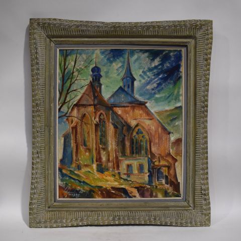 Lé TANSON (1914-1999) : Huile sur panneau double face, scènes d'église et maisons datées