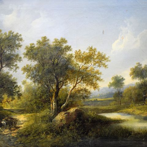 duard BOEHM (1830-1890), Paysage animé à la ferme et à l'étang