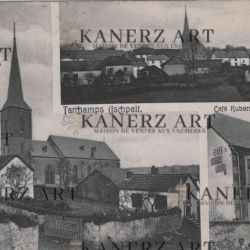 Old postcard of Echternach with panorama, church and Kuborn-Lambin café (1914)