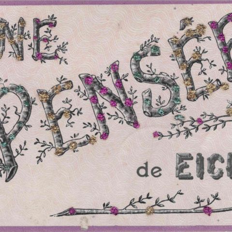 Carte postale fantaisie ornée de strass "Une Pensée de Eich", circa 1910