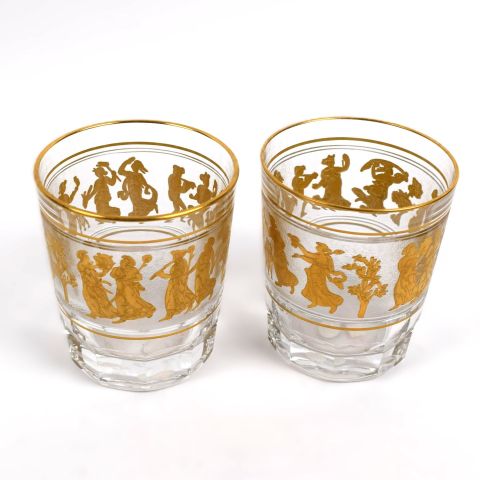 Service en cristal "Danse de Flore" : carafe et verres décorés dorés