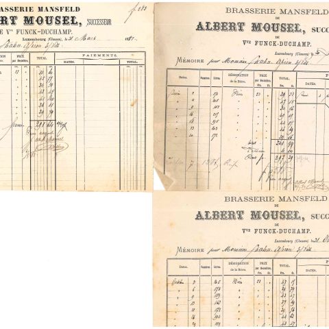 Trois factures historiques de la brasserie Mansfeld d'Albert Moussel à Luxembourg