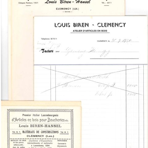 Ensemble rare de prospectus commerciaux et factures de sociétés de Louis Biren