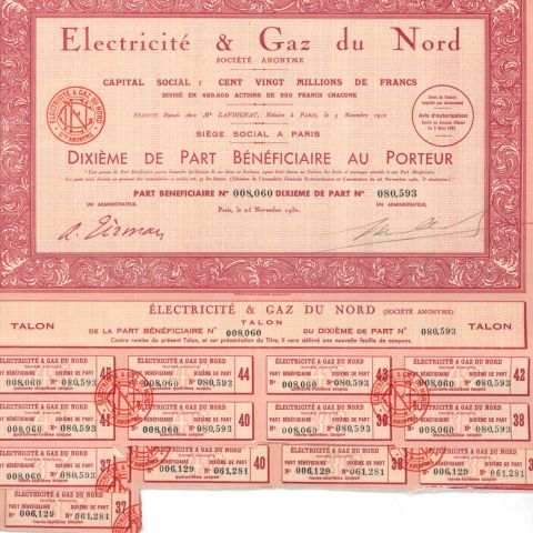 Dixième de part bénéficiaire de l'Électricité & Gaz du Nord, 1930