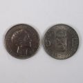 Zusammenstellung von zwei 5-Franc-Münzen: Großherzogin Charlotte, 1962