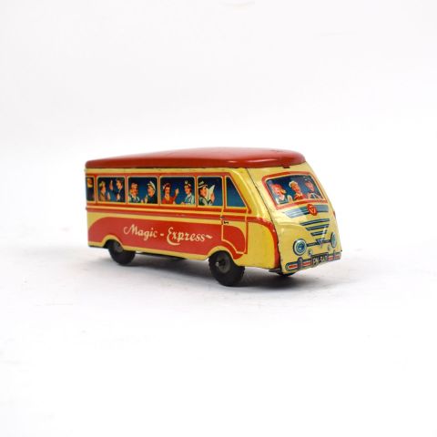 Bus à friction "Magic Express" en tôle lithographiée, très bon état, 15 cm