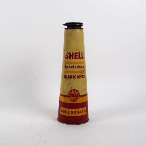 Bidon d'huile conique Shell Donax U avant guerre, 1 L, légers enfoncements