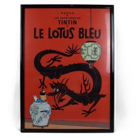 Affiche "Le Lotus bleu" d'Hergé, édition 2001, légère mouillure, dimensions 69 x 49 cm