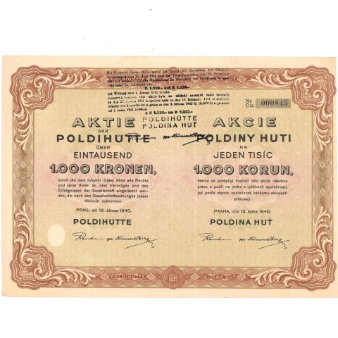 Action de 1000 Couronnes de la société Poldihütte, Tchécoslovaquie, 1940. Bon état
