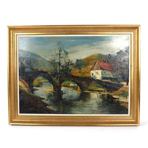 Pont dans l'Oesling par Roger Gerson, huile sur toile signée de 1947