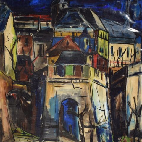 "La porte du Bredewee" par Mathis Wildanger : superbe huile sur carton fort, signée et datée 1957