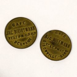 Réunion rare : jetons café Bodry-Marx et Hoffmann avec inscription "Bon" au revers