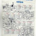Calendrier Tintin 1986 en tissu, impression Hergé, couleurs bleu, rouge et noir