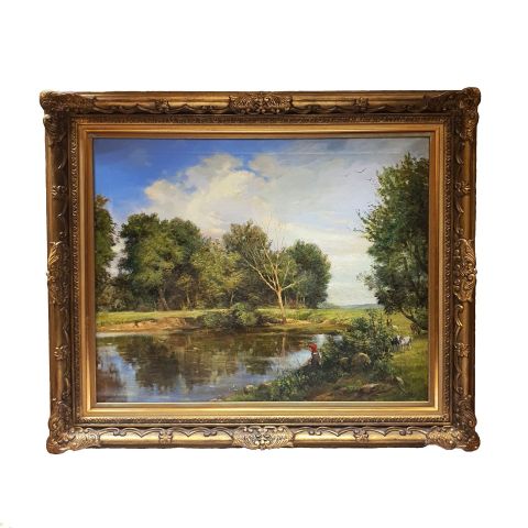 Gardienne de chèvres au bord de l'étang : huile sur toile signée