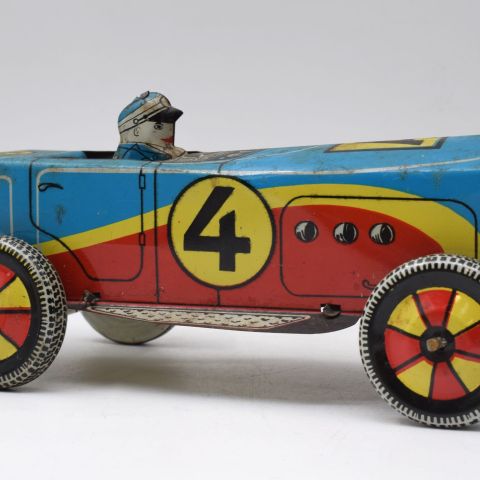 Voiture de course en tôle peinte des années 50, remontage manuel, 22 x 12 cm