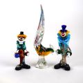 Ensemble de 3 sculptures Murano en verre : clowns et faisan