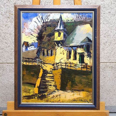 KLEIN Misch (1919-1993) : Huile sur carton Chapelle St-Quirin, signée 1977