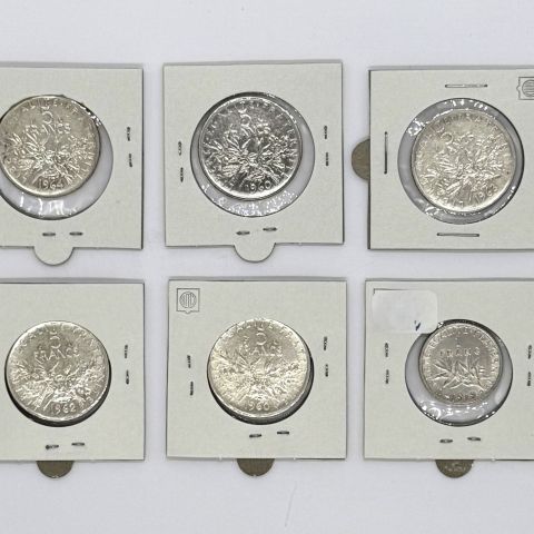 Réunion de 6 pièces Semeuse en argent, 1919 et 1960-1964, emballage inclus