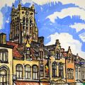Gouache de Roger Koemptgen : Furnes, Grand-Place et Beffroi de 1961