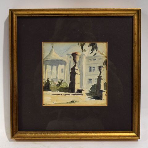 "Aquarelle signée par Mars Schmit : Le kiosque, datée 1984, 16 x 16 cm"