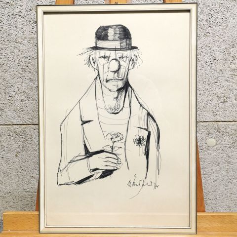 Dessin signé de Max ERSFELD : Clown en feutre, daté 1965