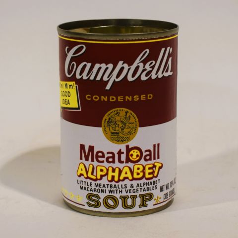 Boîte de conserve A. Warhol : Meatball Alphabet Soup, art et étiquettes tamponnées