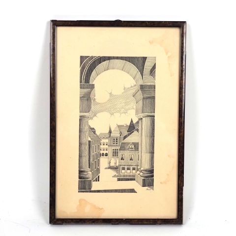 Dessin encre de Chine de Schmitz : Vue du Denzelt à Echternach, années 50
