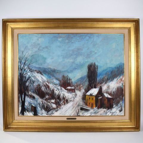Vue hivernale de Schlindermanderscheid par Jean-Pierre Thilmany, huile sur isorel