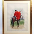 Watercolor by Lucien Rousselot depicting a gendarme from 1720, framed