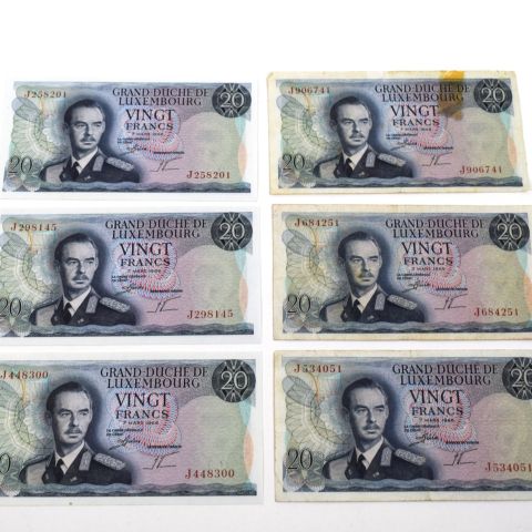 Ensemble de 6 billets de 20 Francs du Grand-Duc Jean, Luxembourg 1966