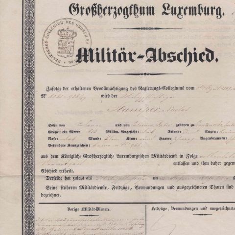 Militär-Abschied de 1847 - Soldat rendu à la vie civile à Sandweiler