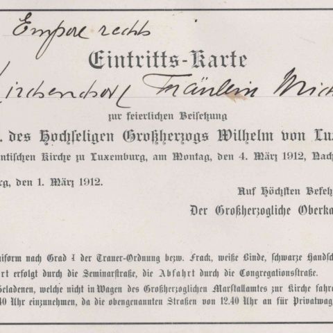 Carton d'invitation à une cérémonie d'hommage au Grand-Duc Wilhelm (1912)