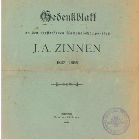 Brochure commémorative J.-A. Zinnen (1827-1898) avec cachet violet (1902)