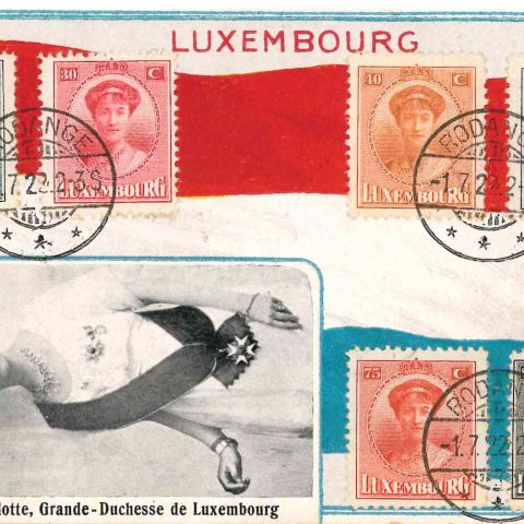 Carte postale rare avec cachets de timbres de la Grande Duchesse Charlotte
